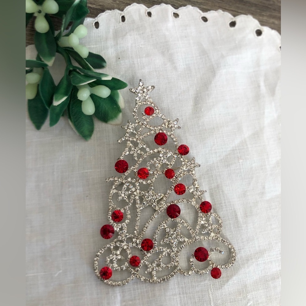 Oversized Red and Silver Holiday Tree Brooch